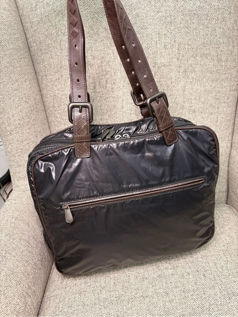 Bottega Veneta Unisex Black Nylon Briefcase Tote with Brown Leather Straps